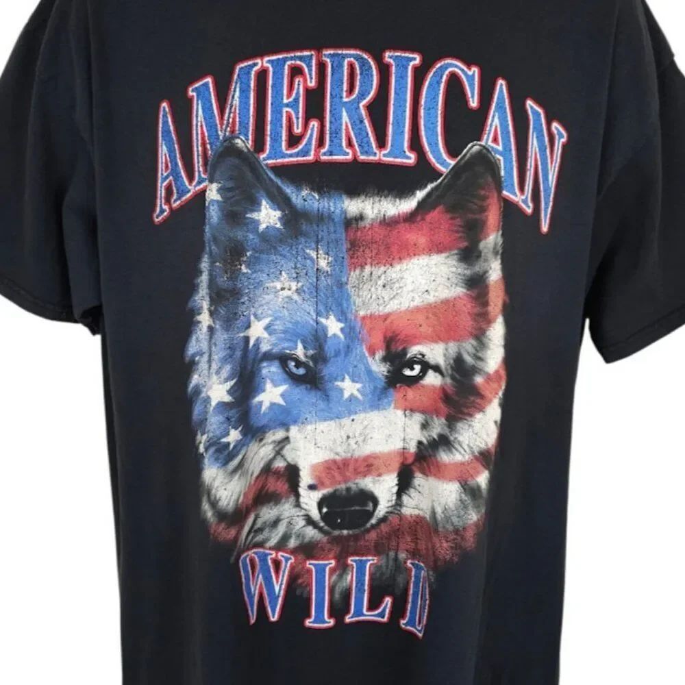 Wolf T Shirt Mens Size XL Black American Wild Flag Nature Tee